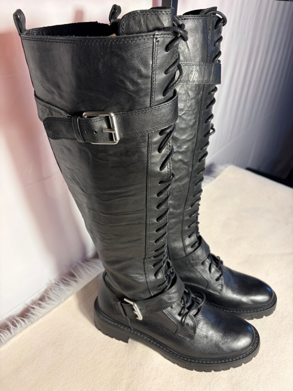 Lucky Brand Black Lace-Up Over-the-Knee Buckle Boots